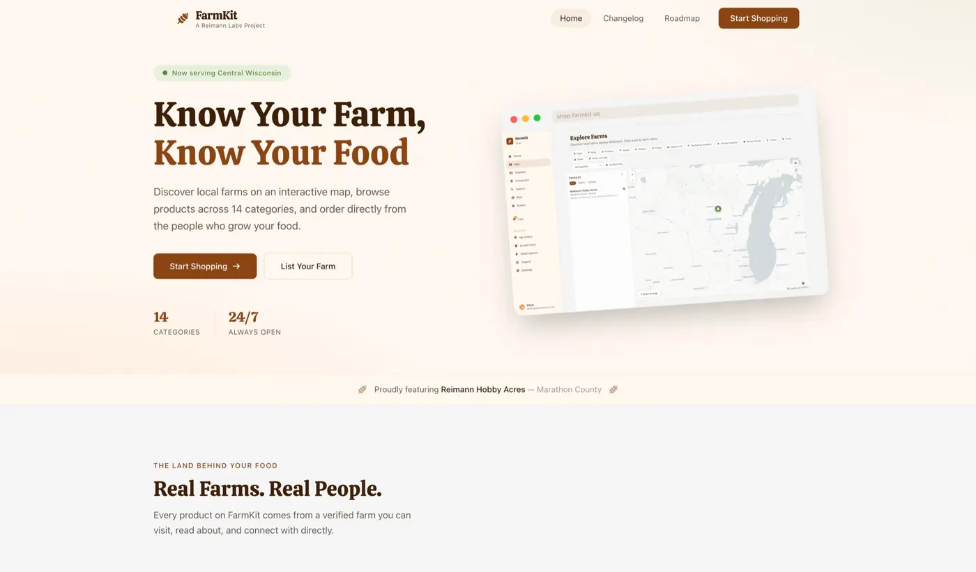 Full website view for FarmKit