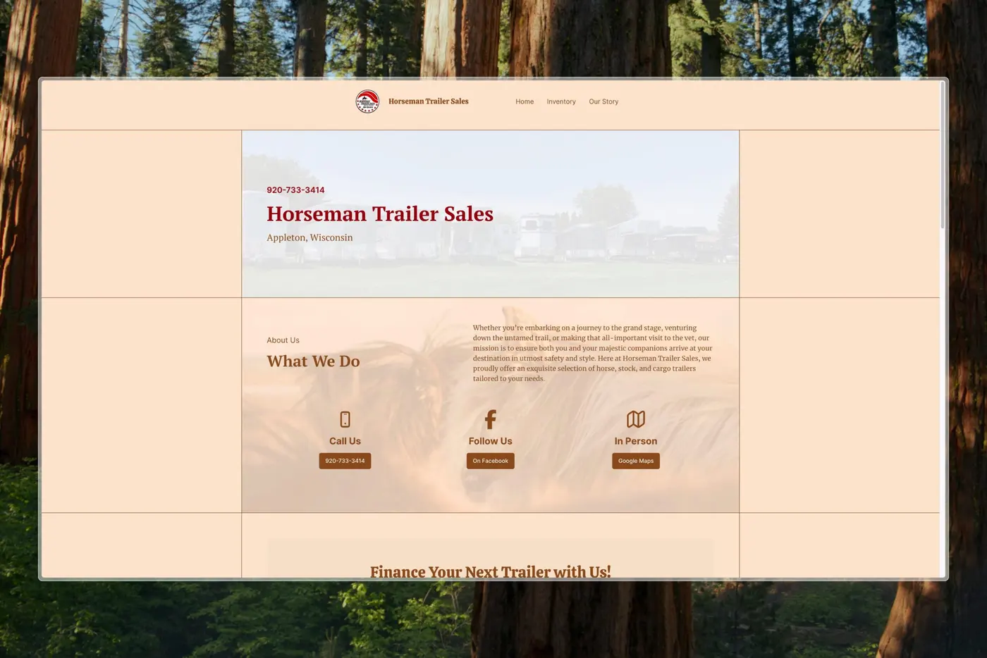 Full desktop view of the Horseman Trailer Sales website