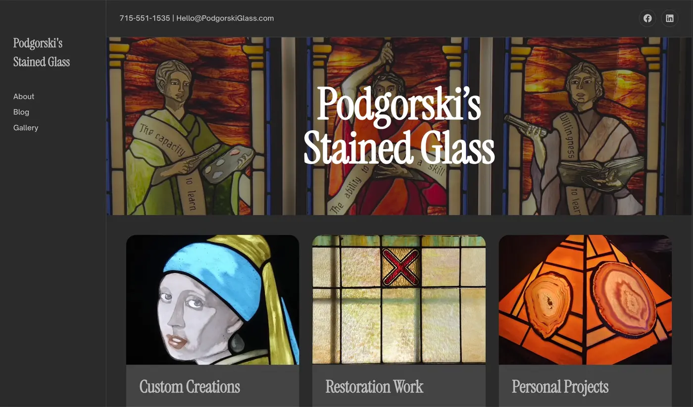 Full website view for Podgorski Glass