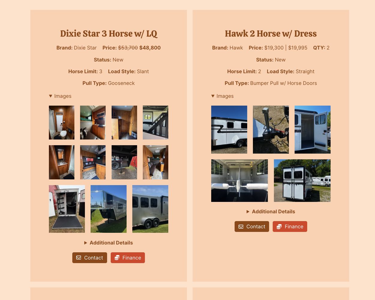HTS inventory showing Dixie Star and Hawk listings with prices, horse capacity, load style, and trailer photographs