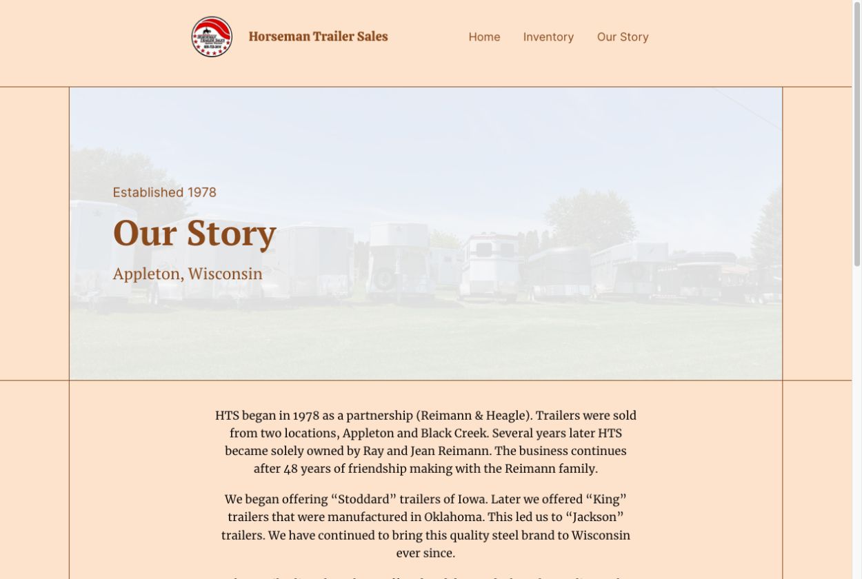 HTS Our Story page with its established 1978 heading, Appleton location, and Ray and Jean’s dealership history